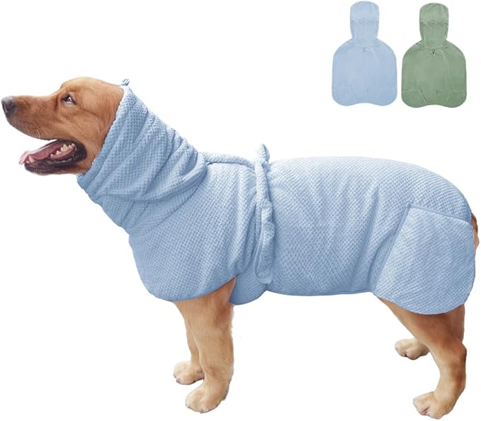 Medium to Large Size Dog Bathrobe, Quick Drying Super Absorbent Used for After Bathing, Warm Dog Towels, Adjustable Hoodies and Belts for Pet Dogs Bath Clothes Products (Blue Jacquard, 3XL)