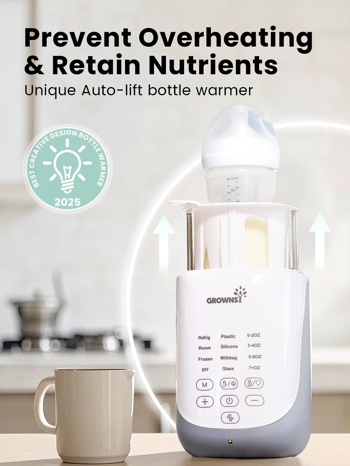 Grownsy Nutri Bottle Warmer with Innovative Auto-Lift Feature, Retain Fullest Nutrients Compact Baby Bottle Warmer, Fast & Even Heat, Always Right Temperature, Night Light for Nighttime Breastfeeding