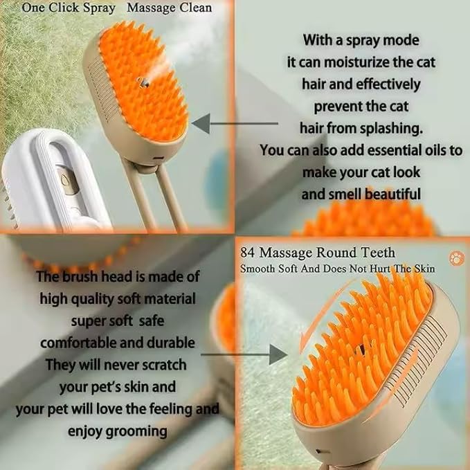 3-in-1 Steam Pet Brush for Cats & Dogs – Self-Cleaning Grooming Comb with Spray Mist, Massage & Shedding, Rechargeable USB, Anti-Static, Foldable Handle (TAN)