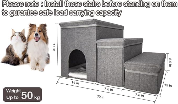 Dog Stairs with Storage Dog Steps for High Beds 3-Step Pet Stairs Ramp with Storage Box and Condo for Small Dogs Cats Pets