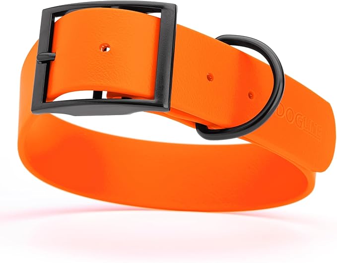 Dogline Biothane Waterproof Dog Collar Strong Coated Nylon Webbing with Black Hardware Odor- Proof for Easy Care Easy to Clean High Performance Fits Small Medium or Large Dogs, Hunter Orange