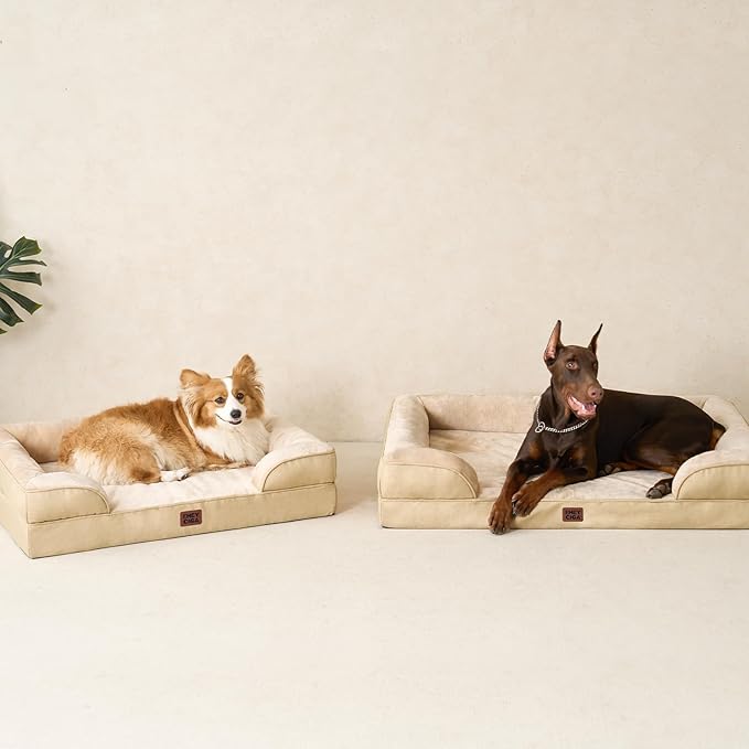 EHEYCIGA Orthopedic Dog Beds for Extra Large Dogs, Waterproof Memory Foam XXL Dog Bed with Sides, Non-Slip Bottom and Egg-Crate Foam Big Pet Couch Bed with Washable Removable Cover, Greige