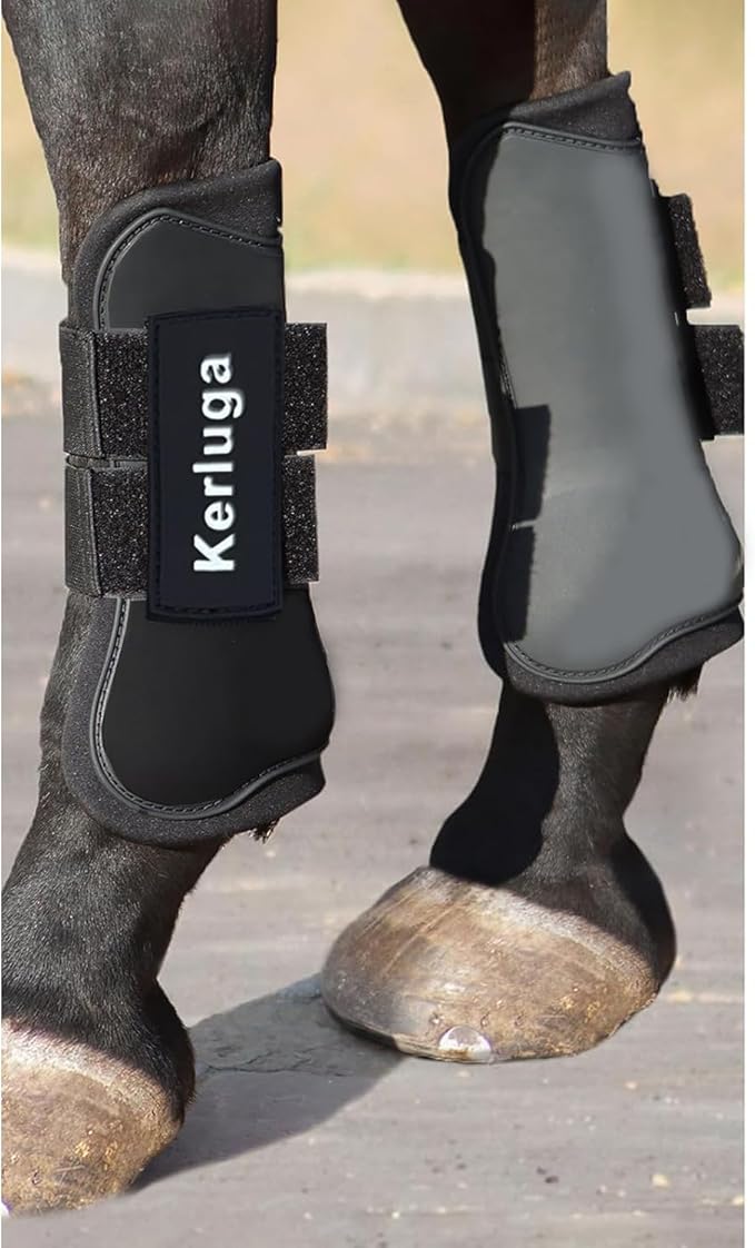 Horse Boots Set of 4 Open Front & Fetlock Tendon Boot for Horses Professional Sport Protection Impact-Absorbing Equine Leg Support Wraps for Jumping, Riding, Training (Black, Full)