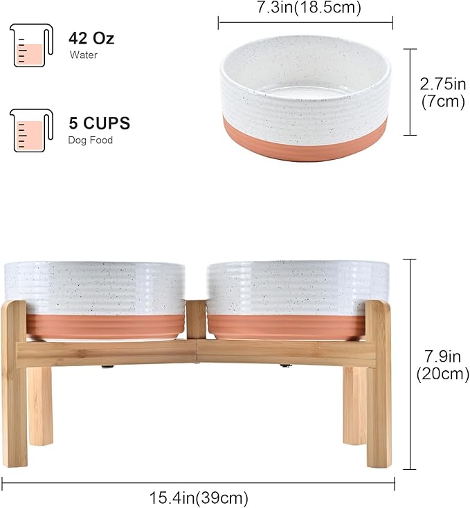 SPUNKYJUNKY Elevated Dog Bowls Ceramic, 7.3'' Dogs Food Water Bowls Raised with Non-Slip Bamboo Stand for Medium to Large Sized Breed Microwave Dishwasher Safe - 42 OZ,Pattern White