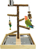 Tfwadmx Bird Perch Natural Wood Stand Toy Parrot Play Stand Platform Bird Cage with Removable Tray and 2 Stainless Steel Cups for Parakeets Canaries Cockatiels Conure Lovebirds