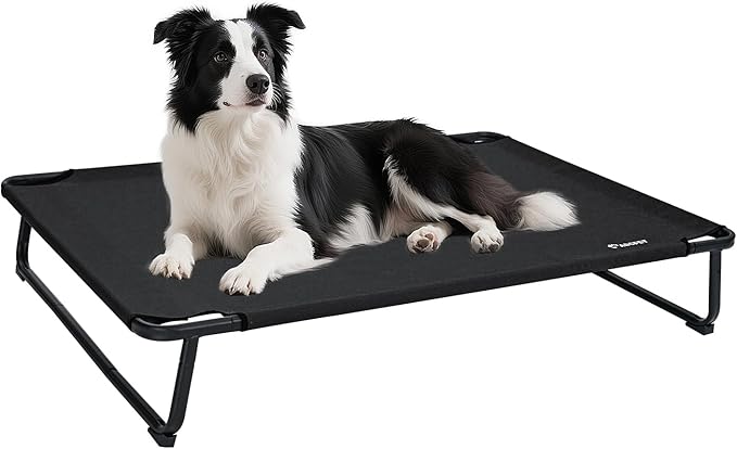 Cooling Elevated Dog Bed, Raised Outdoor Dog Bed Waterproof Pet Beds Cots Stable and Easy Assembly, Teslin Fabric with 1.2mm Thick Iron Frame, Breathable, Ultra-Sturdy，Black, 42 * 28 * 7.9