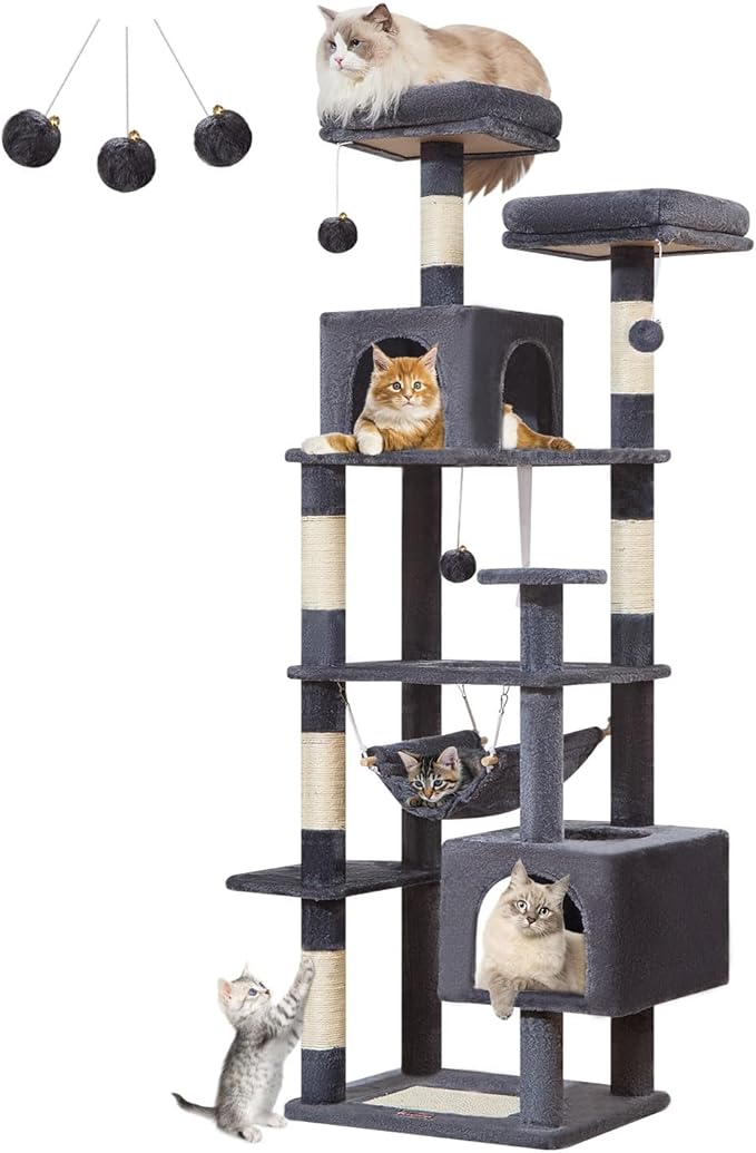 Taoqimiao Cat Tree, 68-Inch Cat Tree Cat Tower for Indoor Cats, Plush Multi-Level Cat Condo with 6 Scratching Posts, 2 Perches, 2 Caves,Hammock, 3 Pompoms,MS020SG Smoky Gray