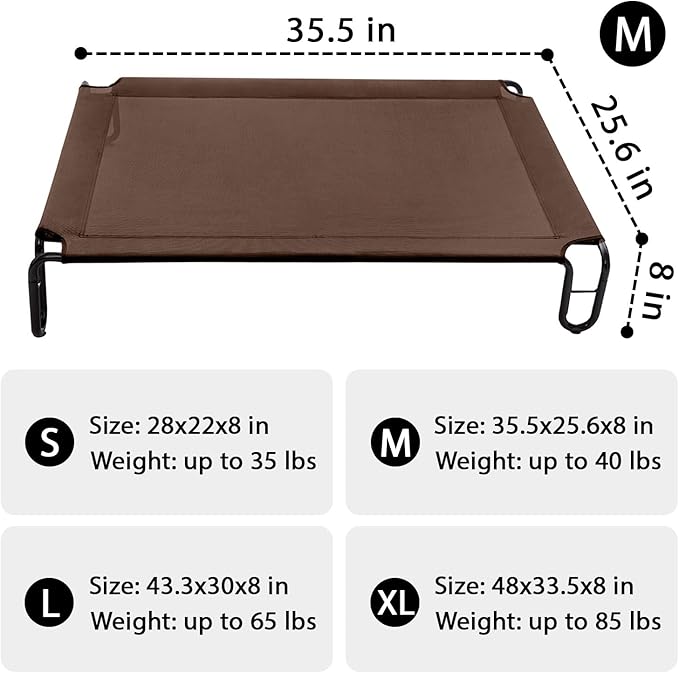 pettycare Elevated Outdoor Dog Bed - Cots Beds for Medium Dogs, Waterproof, Raised Cot, Easy to Assemble, Cooling with Teslin Mesh, Durable, Non Slip, Up to 40 lbs, Brown