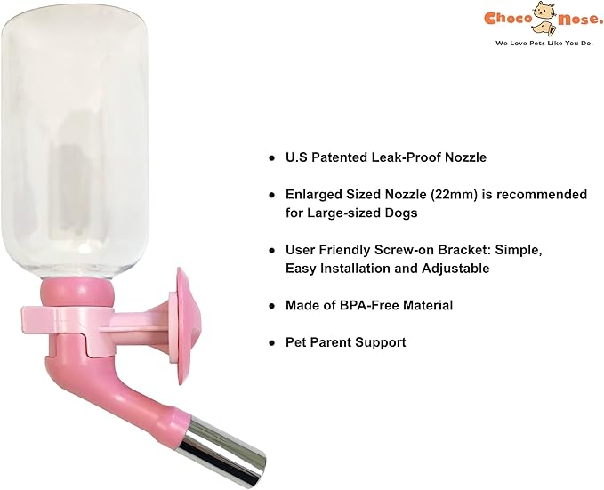 Choco Nose Patented No-Drip Water Bottle/Feeder for Large Dogs Over 50 lbs - Wire Cages, Crates or Kennels. 16 oz. X-Large Nozzle 22mm, Pink