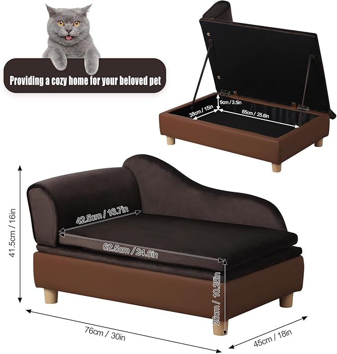 Pet Bed Sofa, Puppy Bed with Storage, Small Dog Couch with Removable & Washable Cushion, Comfy Pet Couch Bed for Cats & Puppy (Brown)