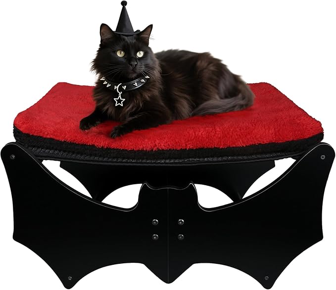 Halloween Gothic Cat Bed with Bat Design, Wooden Elevated Cat Beds with Sisal Scratching Mat, Cats Scratcher Bed with Removable Fluffy Cushion, Raised Pet Bed for Large Cats, 22" L x 17.7" W, Black