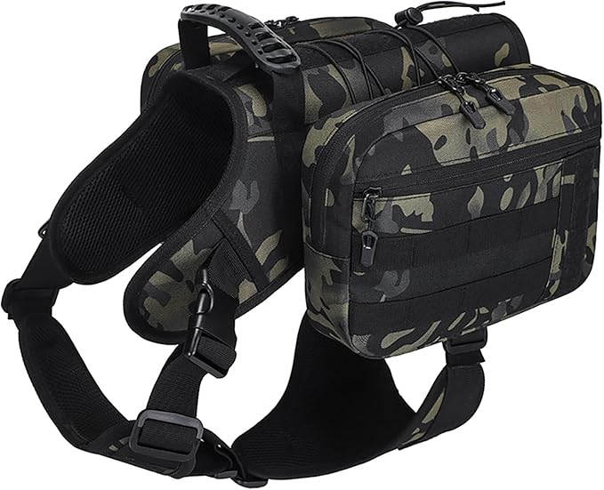 BYGD Dog Saddle Backpack for Hiking, Lightweight Waterproof Harness with Removable Bags for Large Dogs, Outdoors (Camo)