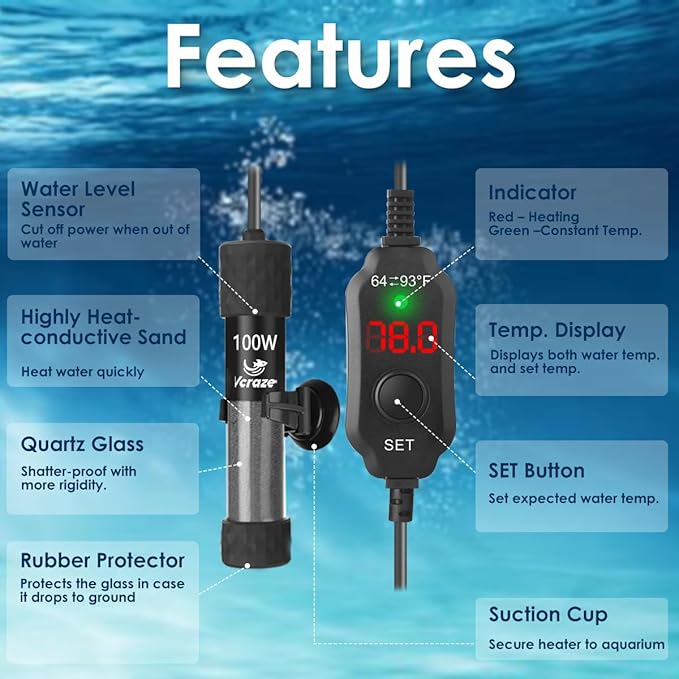 Super Compact 100W Fish Tank Heater, Submersible Aquarium Heater with LED Digital Display Thermostat, Adjustable Fish Heater for 10-20 Gallon Tanks