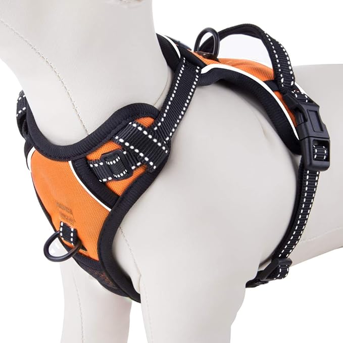 PHOEPET Reflective Dog Harness No Pull Large Breed Vest with 2 Metal Leash Attachment Hooks(L, Orange)
