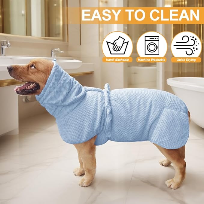 Medium to Large Size Dog Bathrobe, Quick Drying Super Absorbent Used for After Bathing, Warm Dog Towels, Adjustable Hoodies and Belts for Pet Dogs Bath Clothes Products (Blue Jacquard, 3XL)
