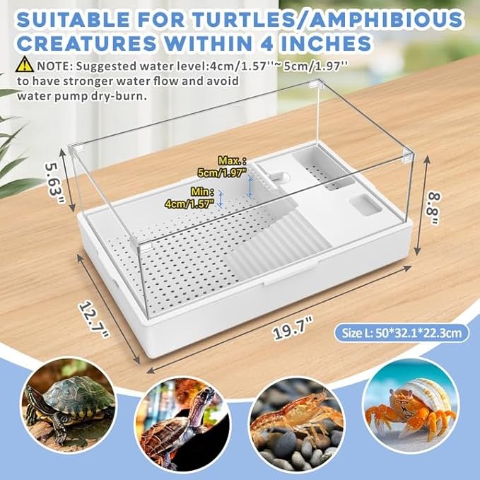 GOZILLA Large Turtle Tank Kit+Water Pump+Lamp, Acrylic Turtle Tank Starter Kit with Adjustable 5W Water Pump and Timing/Dimming Lamp, Multi-Functional Area for Small/Medium Turtles(Large-White Kit).