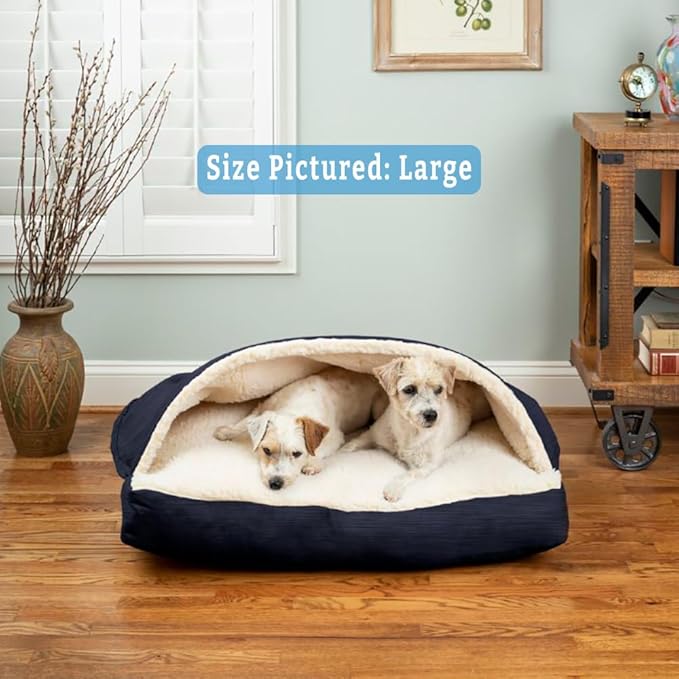 Snoozer Rectangle Cozy Cave Dog Bed - Indoor Dog Bed with Cover Cave, Covered Calming Burrow for Large Sized Pets with Blanket Attached, Enclosed, Washable - XL, Navy