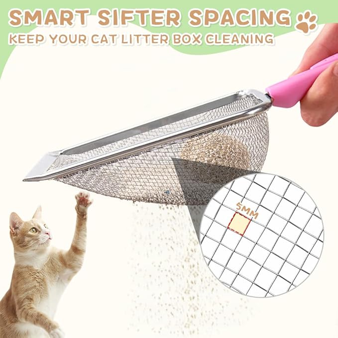 Cat Litter Scoop,Sturdy Litter Cleaner Corner Shovel,2Pcs Stainless Steel Mesh Litter Shovel,Easy to Clean Reptile Terrarium Sand Waste,Beach Shovel(2 Pcs Pink)
