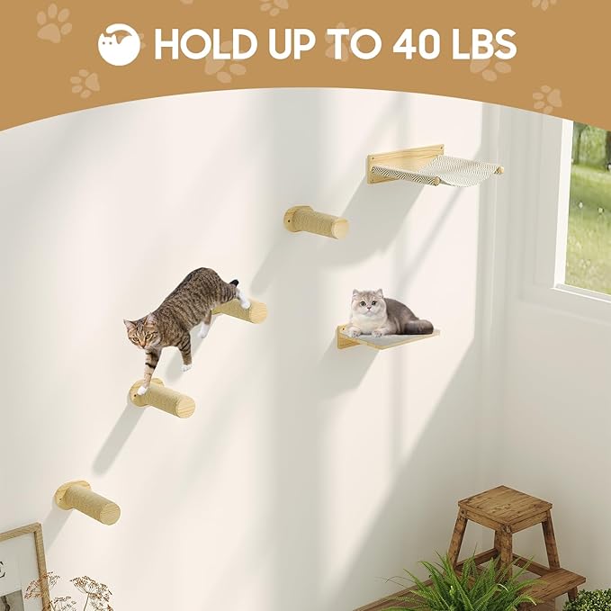 MeowHomm Cat Wall Shelves, Wooden Cat Wall Furniture Includes 4 Scratching Post Steps, Jumping Platform, Hammock for Kittens