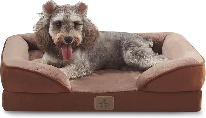Bedfolks Orthopedic Dog Bed, Waterproof Dog Sofa Bed for Small Dogs & Cats, Egg Foam Pet Couch Bed with Removable Washable Cover and Nonslip Bottom, Brown