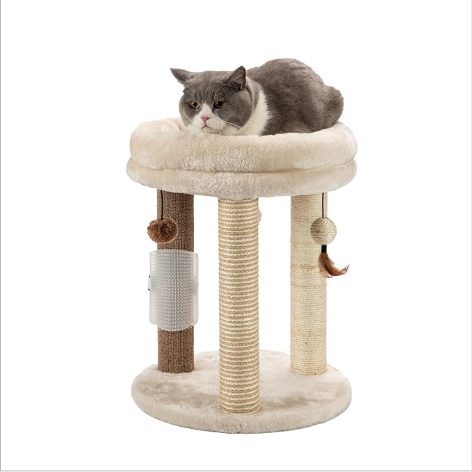 MECOOL 4in1 Small Cat Tree,Scratching Post with Tower Soft Bed, Sisal Carpet Jute Posts with Three Hanging Ball Toys and Massage Brush for Indoor Cats and Kittens