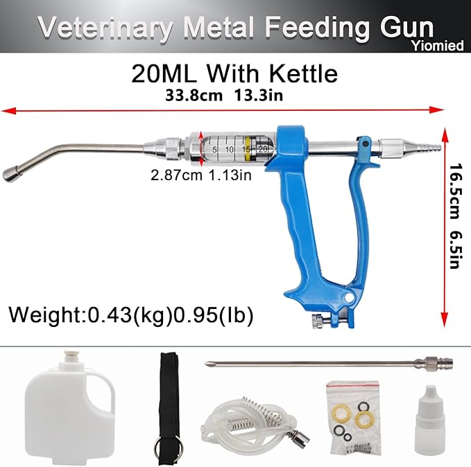 20ML Veterinary Metal Feeding Gun, Continuous Drench Gun Dosing Device Veterinary Adjustable Medicine Dispenser Husbandry Autonomous Feeding Tool, for Pig Cow, Sheep, Horse (Blue, 20ML+Kettle)