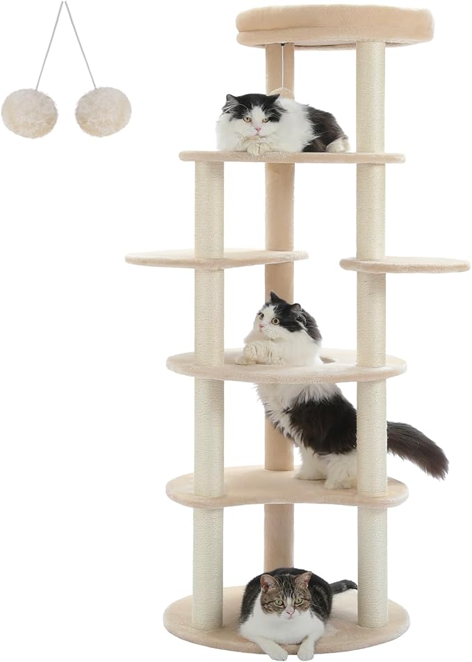 PETEPELA 61" Cat Tree for Indoor Cats, [6-Levels] Cat Climbing Tower with 9 Sisal Scratching Posts and Replaceable Dangling Ball &Top Perch, Beige