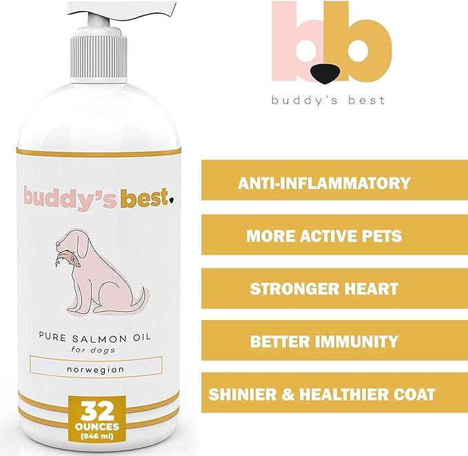 Salmon Oil for Dogs & Cats – Omega 3 Supplement with EPA & DHA | 100% Norwegian Fish Oil | Odorless, Human-Grade | Skin, Coat & Joint Support | 32 oz | Buddy’s Best
