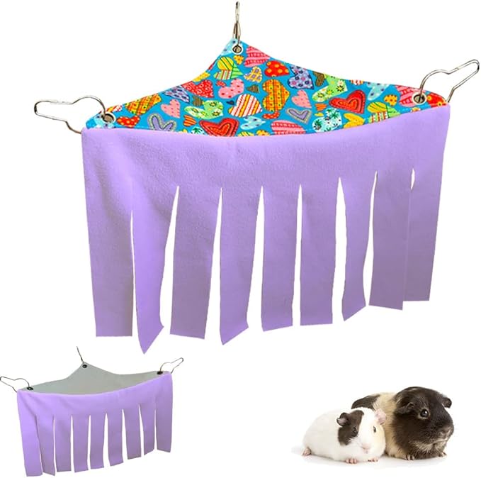 RIOUSSI Guinea Pig Hideout Hideaway Corner Fleece Toys Cage Accessories with Reversible Sides, Heart/Gray-Purple