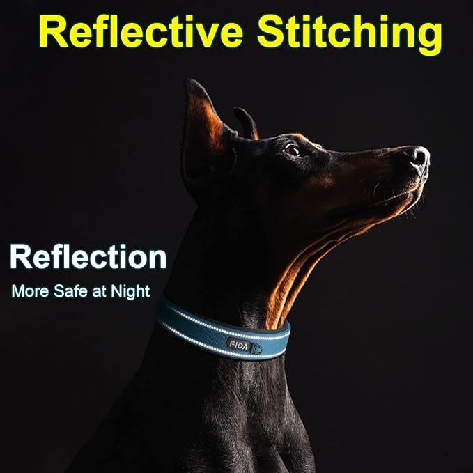 Fida Heavy Duty Dog Collar, Ultra Comfortable Soft Neoprene Padded, Adjustable Reflective Nylon Pet Collar with Durable Metal Belt Buckle for Large Breeds (L, Blue)