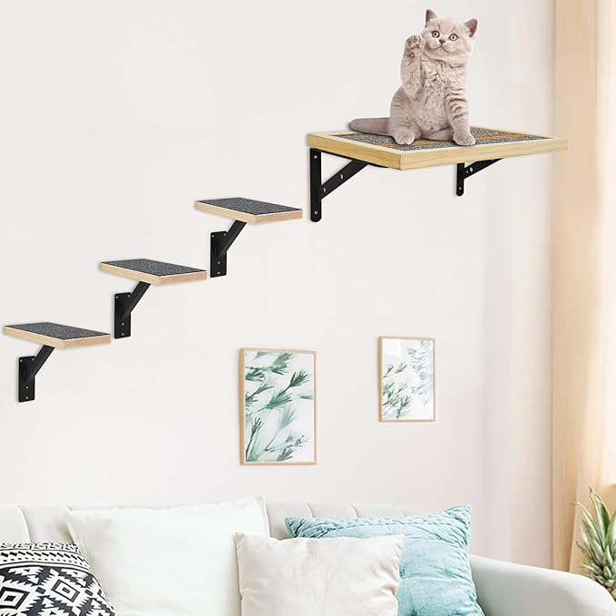 Handcrafted Wood Cat Perch & Shelves - Floating Shelf with Cat Hammock Seat, Lounge Bed, Climbing Steps for Relaxing, Playing and Scratching