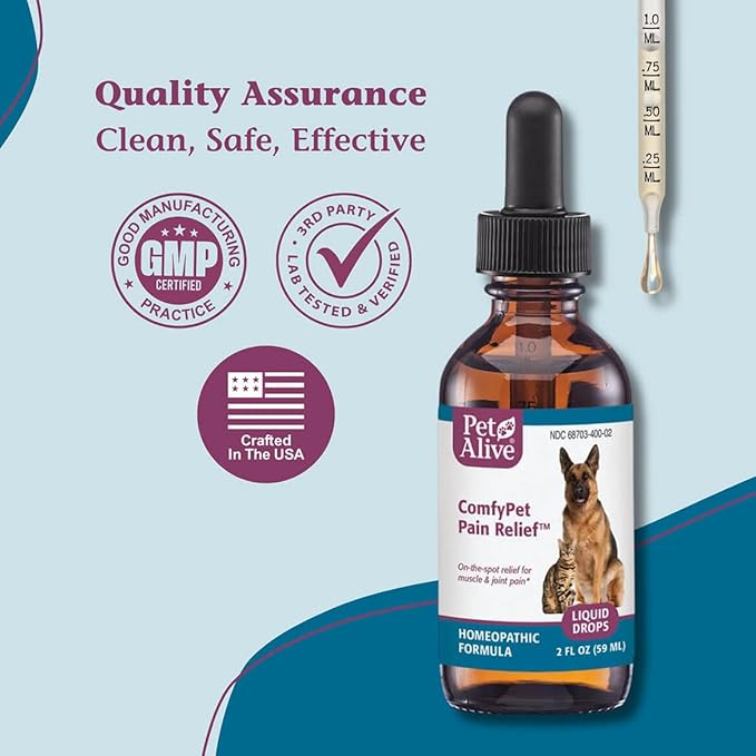 PetAlive ComfyPet Pain Relief for Dogs & Cats – Natural Homeopathic Supplement for Pet Joint & Mobility Support – 2 fl oz Drops – Made in USA