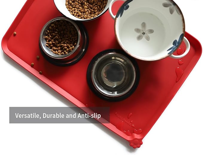 Hoki Found Large Silicone Non-Slip Pet Dog Cat Bowl Mats - Waterproof Dog Cat Food Mats - Classic Red