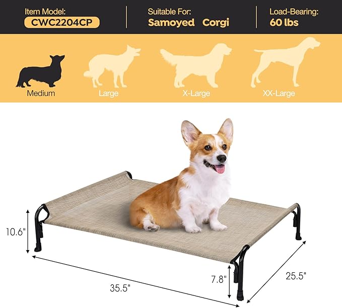 Veehoo Outdoor Elevated Dog Bed, Raised Dog Cot for Small Medium Dogs, Cooling Washable Waterproof Pet Hammock Beds with Slope Headrest, Breathable Mesh and Sturdy Frame, M, Beige Coffee, CWC2204