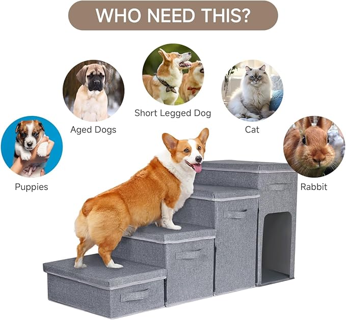 Dog Stairs with Storage, Folding Pet Steps with Zip for Small Dogs and Cats, 4-Step Pet Stairs with Pet House for High Bed, Couch and Car Ramp (Gray, 4 Steps with Condo)