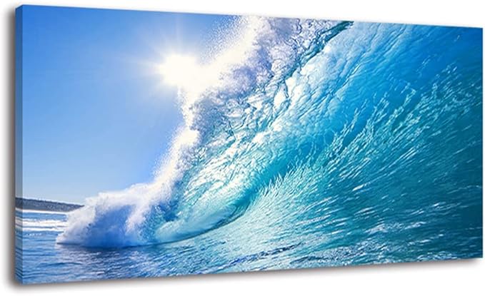 Rolling Ocean Waves Surfing Graphic Canvas Wall Art For Bedroom,Blue Tropical Seascape Artwork Decor,Rolling Wave Sea Landscape Picture Print Painting,Bracket Fixed Ready To Hang,Inner Frame (30x60)