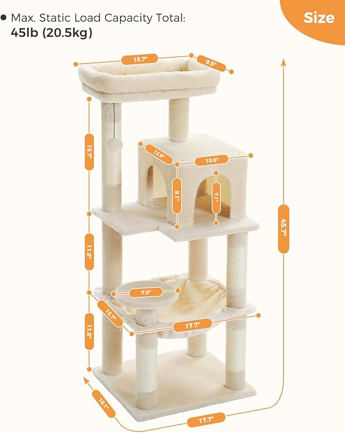 Cat Tree for Indoor Cats, 45.7" Multi-Level Cat Tower with Large Metal Frame Hammock, Cat Condo with 4 Scratching Posts and Top Perch for Small Medium Cat, Beige