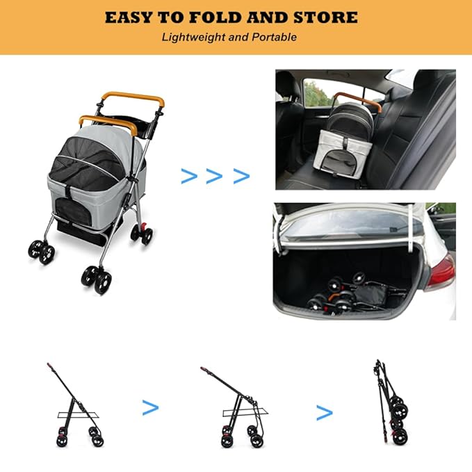 Pet Stroller with Storage Basket and Cup Holder, Folding Dog Jogger, Foldable Cat Stroller, 3 in 1 Puppy Kitten Cart, Pet Jogger for Medium Dog Cat (Gray)