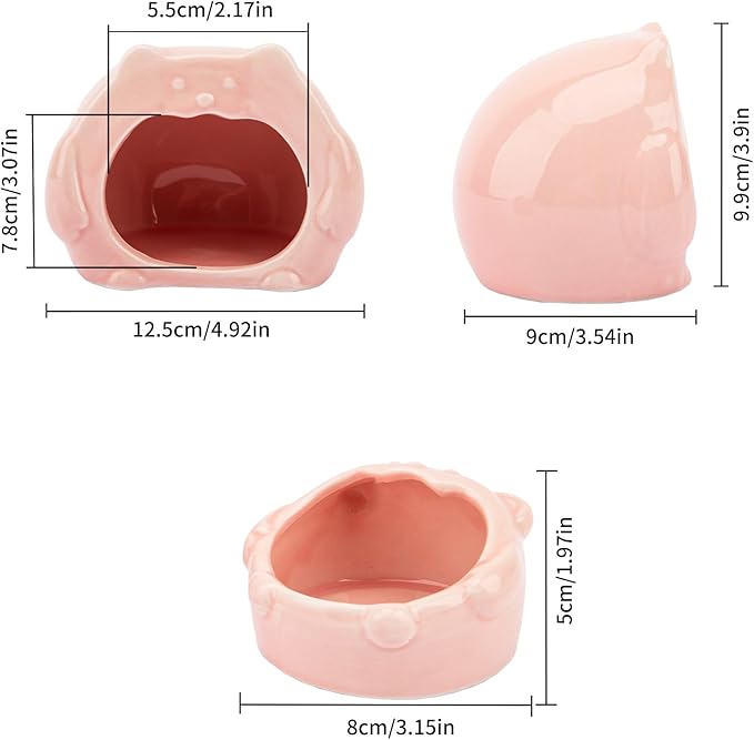 Bear-Shaped Hamster Hideout & Food Bowl Set - Ceramic Habitat for Syrian Dwarf Hamsters, Mice, Gerbils - All-Season Use, Chew-Proof Ceramic House and Feeding Dish for Small Pets(Pink)