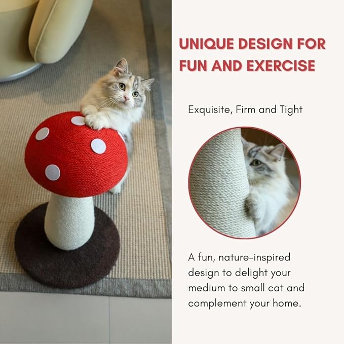 Mushroom Cat Scratching Post - Unique Design, Sisal-Wrapped, Ideal for Medium and Small Cat, Cat Scratcher Cute with 100% Sisal Covered Scratching Post, Mushroom Cat Post for Indoor Cats