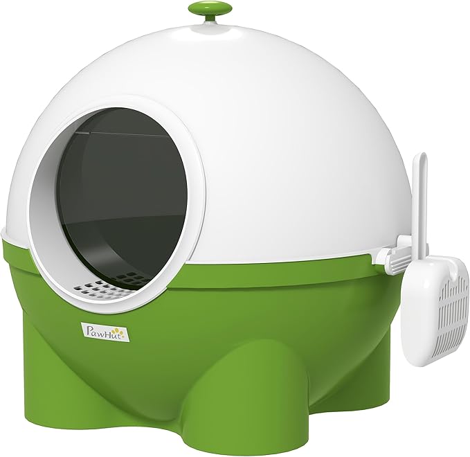 PawHut Hooded Cat Litter Box, Large Kitty Litter Pan with Lid, Scoop, Leaking Sand Pedal, Top Handle, Dark Green