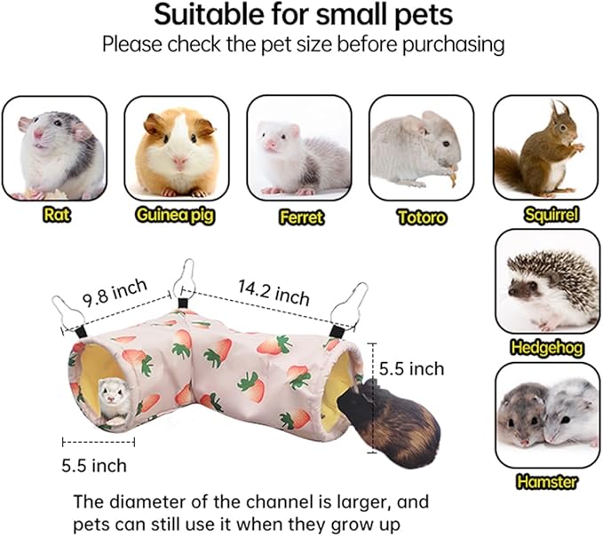 Large Caliber Guinea Pig Hideout & Hammock, Corner Hideout Toy for Guinea Pig, Ferret, Hedgehog, Piggy-2 Tunnel Strawberry