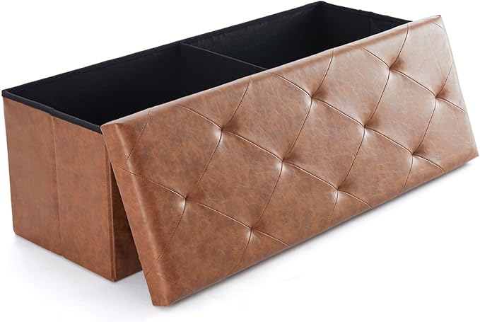 Sweetcrispy 43 Inches Folding Ottoman with Storage Bench, Foot Rest Stool, End of Bed Storage Bench Upholstered, Load 660 lbs, for Living Room, Synthetic Leather, Brown