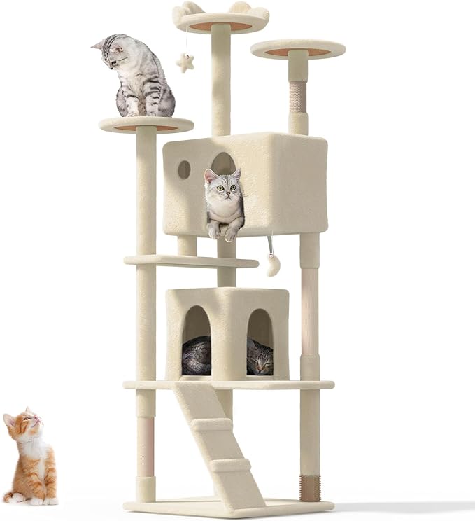 77'' Cat Tree Tower for Indoor Cats Large Adult, Cute/Tall Modern Cat Tree for Big Cats 20 lbs, Plush Multi-Level Cat Condo with Scratching Posts, Dangling Ball for Fun Play (Beige, 77 inch)