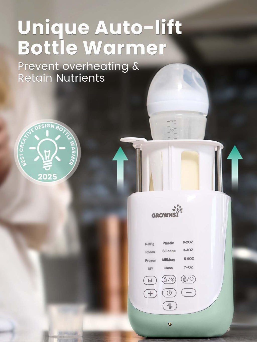 Grownsy Nutri Bottle Warmer with Innovative Auto-Lift Feature, Retain Fullest Nutrients Compact Baby Bottle Warmer, Fast & Even Heat, Always Right Temperature, Night Light for Nighttime Breastfeeding