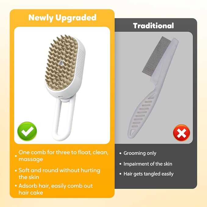 3-In-1 Rechargeable Steamy Cat Brush, Deep Cleaning & Hair Removal System with Rotating Handle, 360° Massage for Cats & Dogs (White)