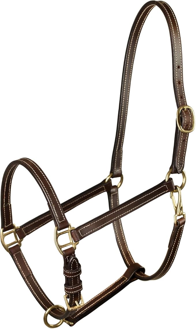HORZE Fremont Soft Synthetic Leather Horse Halter - Fully Adjustable Halter with Brass Hardware & Contrast Stitching - Brown (Shetland)