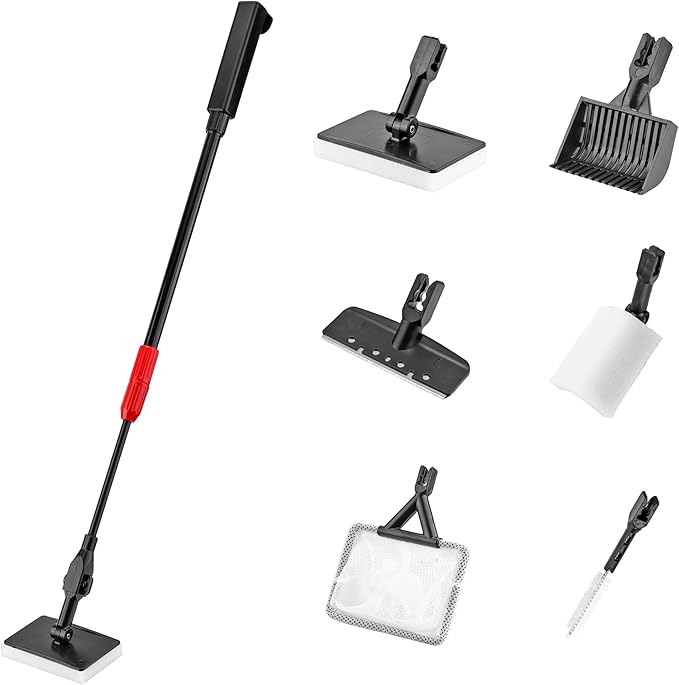 6 in 1 Aquarium Cleaning Tool Kit Fish Tank Algae Scraper, Sponge Pad, Fish Net, Gravel Rake and Cleaning Brush with Telescopic Long Handle