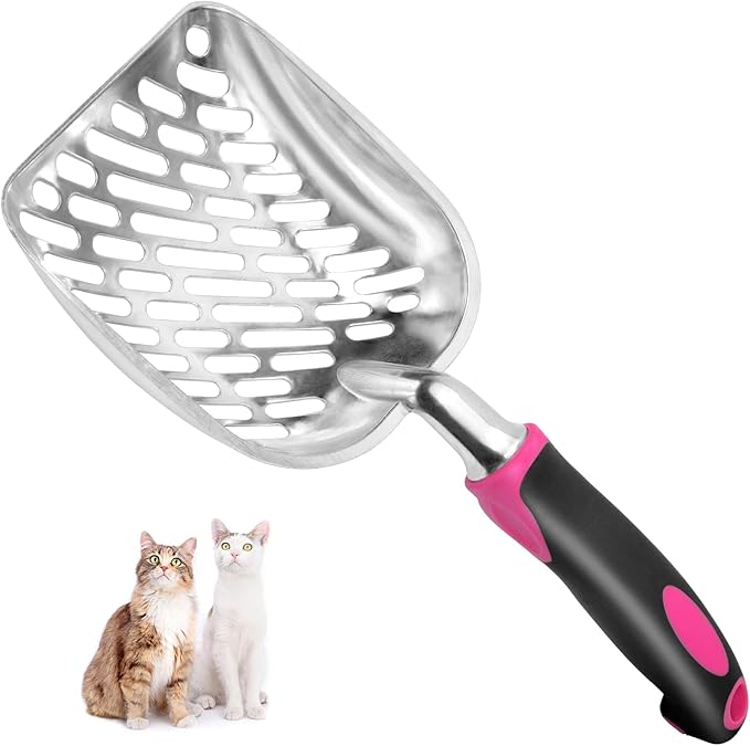 Cat Litter Scoop-Metal Cat Scooper-Long Handle Scoop,Cat Scooper-Poop Sifting-Mesh Shovel-Suitable for Cat Litter Box, (Rose Red)