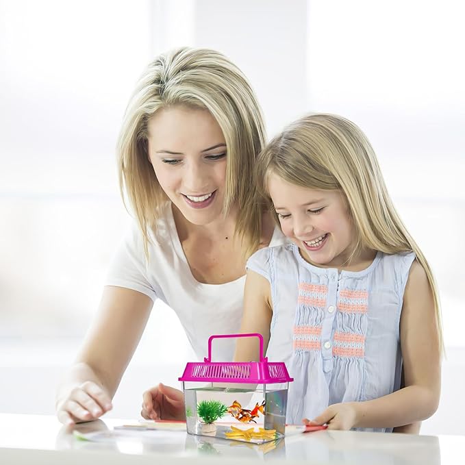 HANABASS Mini Fish Tank with Lid, Handheld Transparent Fish Box, Plastic Small Transparent Aquarium with Handle, Turtle Tortoise Habitat Tank, 5.9x4.3x3.7 Inches
